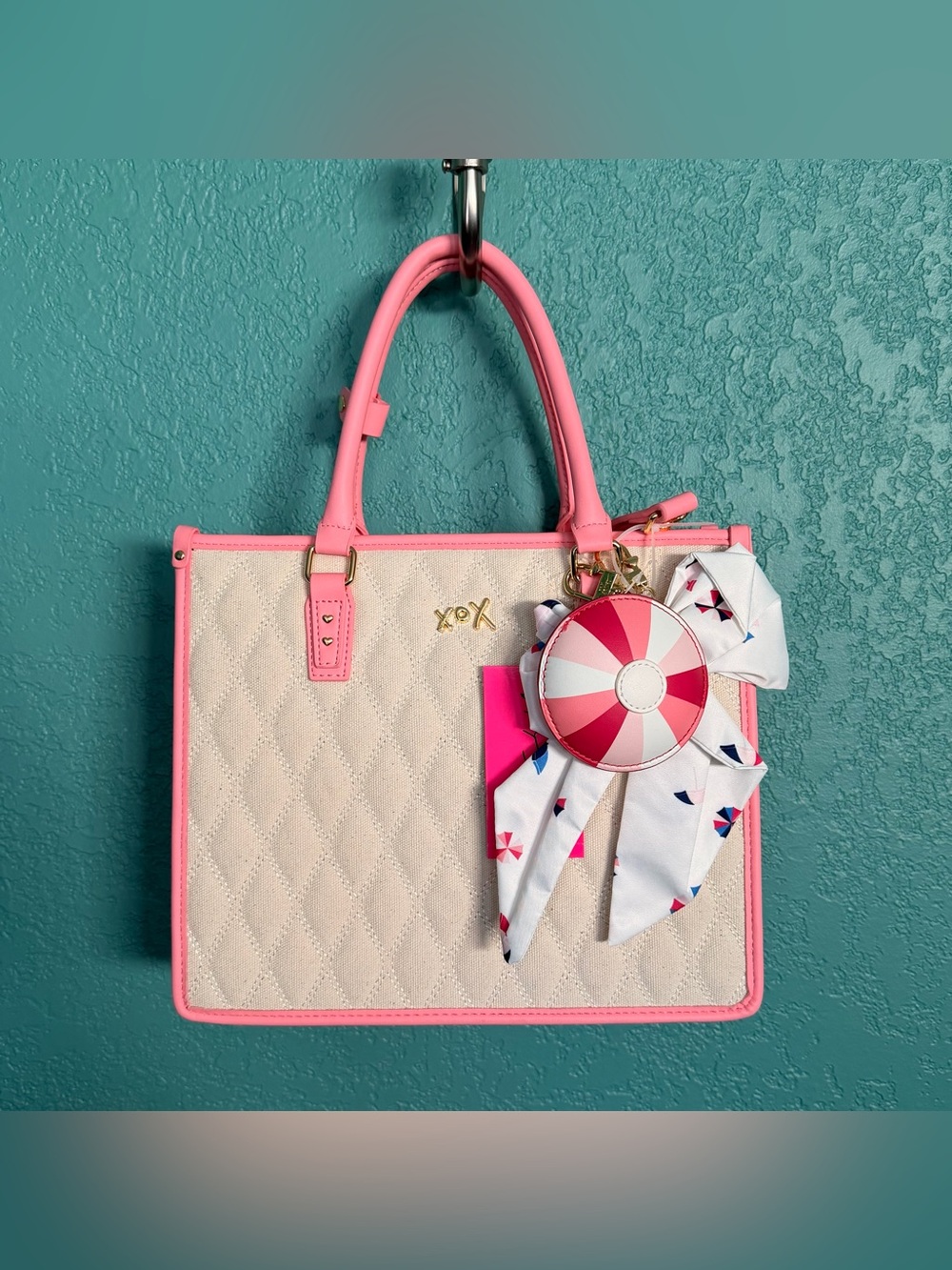Betsey Johnson Beach Canvas Satchel Cream with Pink Interior Umbrella Print